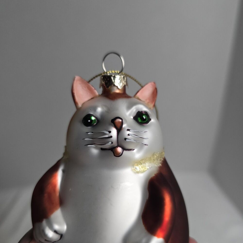 Smithsonian Institution Blown Glass Fat Ginger Green Eyed Cat Christmas Ornament - Picture 8 of 9